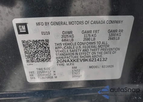 2019 Chevrolet Equinox Lt z USA, uszkodzony, nr VIN 2GNAXKEV9K6214132